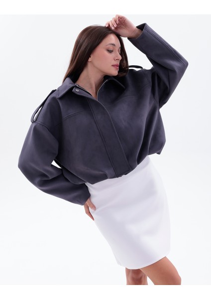 Oversizekoyu Gri Süet Şık Bomber Ceket modelleri