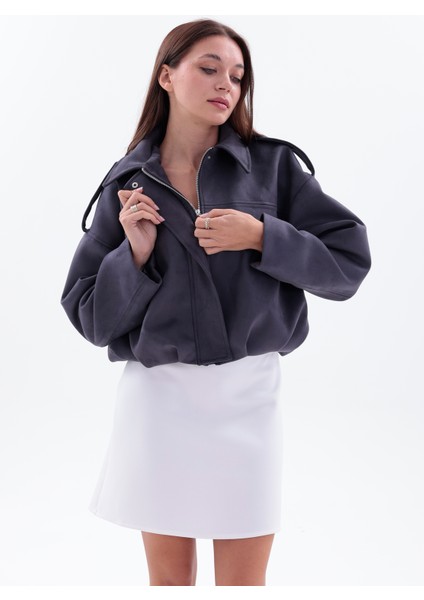 Oversizekoyu Gri Süet Şık Bomber Ceket