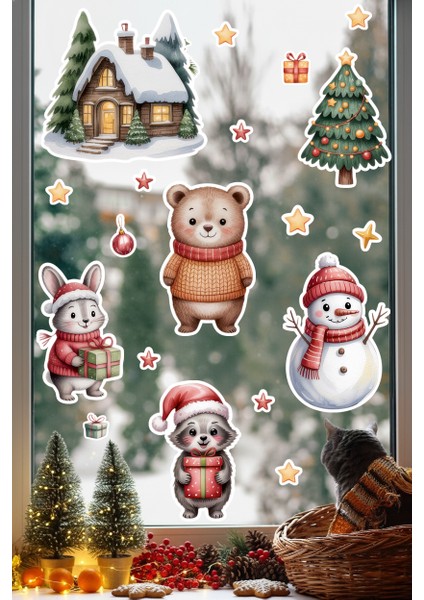 Sevimli Kış Hayvanları ve Noel Evi Cam Sticker Seti – Çocuk Odası Yılbaşı Pencere Süslemesi
