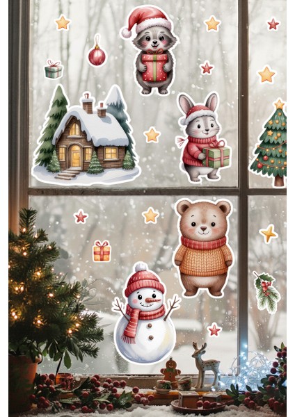Sevimli Kış Hayvanları ve Noel Evi Cam Sticker Seti – Çocuk Odası Yılbaşı Pencere Süslemesi fırsatları