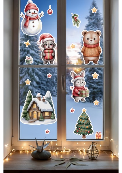 Sevimli Kış Hayvanları ve Noel Evi Cam Sticker Seti – Çocuk Odası Yılbaşı Pencere Süslemesi indirimleri