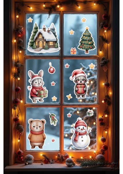 Sevimli Kış Hayvanları ve Noel Evi Cam Sticker Seti – Çocuk Odası Yılbaşı Pencere Süslemesi