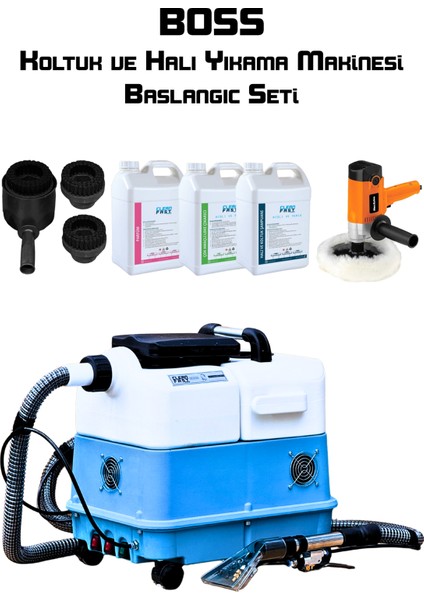Boss Koltuk ve Halı Yıkama Makinesi Başlangıç Seti Polisaj Makinesi Su Sıçratmaz Fırça Parfüm Şampuan Leke Çıkarıcı Yan Ekipman Seti