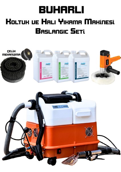 Big Boss Çift Motor Buharlı Koltuk ve Halı Yıkama Makinesi Yan Ekipman Seti Polisaj Makinesi Çelik Mekanizmalı Su Sıçratmaz Fırça Parfüm Leke Çıkarıcı Şampuan Başlangıç Seti