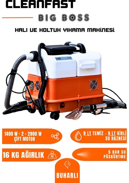 Big Boss Çift Motor Buharlı Koltuk ve Halı Yıkama Makinesi Yan Ekipman Seti Polisaj Makinesi Çelik Mekanizmalı Su Sıçratmaz Fırça Parfüm Leke Çıkarıcı Şampuan Başlangıç Seti fiyatları