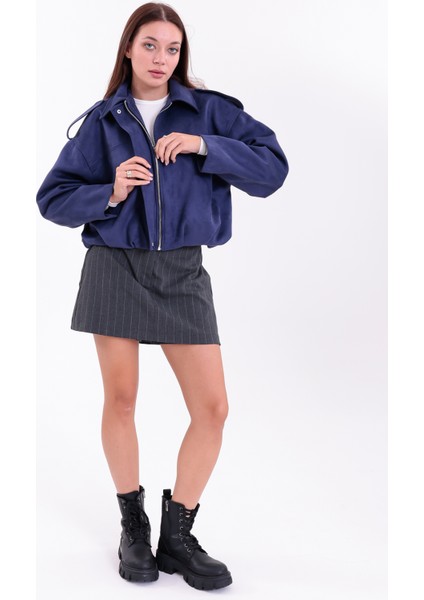 Oversıze Mavi Süet Bomber Ceket modelleri