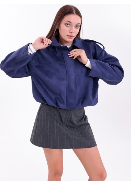 Oversıze Mavi Süet Bomber Ceket indirimleri