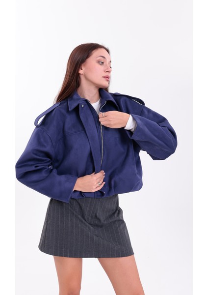 Oversıze Mavi Süet Bomber Ceket