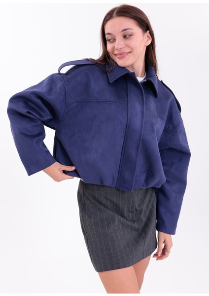 Oversıze Mavi Süet Bomber Ceket