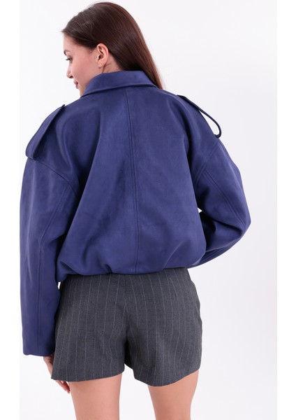 Oversıze Mavi Süet Bomber Ceket