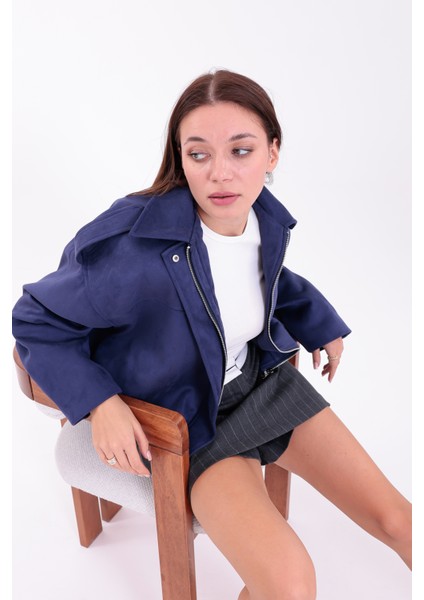 Oversıze Mavi Süet Bomber Ceket