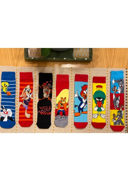Al Bi 90Lık 7'li Çizgi Film Desenli Renkli Soket Çorap