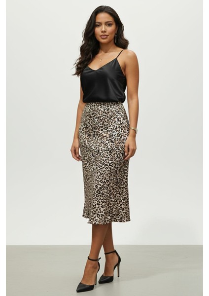 Kadın Leopar Desenli Midi Boy Saten Etek