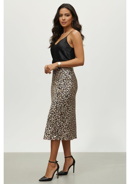 Kadın Leopar Desenli Midi Boy Saten Etek fiyatları