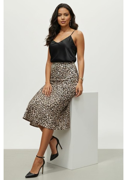 Kadın Leopar Desenli Midi Boy Saten Etek modelleri