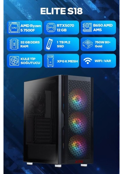 Elite S18 Amd Ryzen 5 7500F 32GB Ram 1tb SSD RTX5070 Freedos Oyuncu Oem Paket