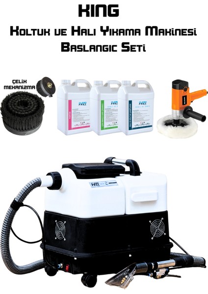 King Tek Motorlu Koltuk ve Halı Yıkama Makinesi Yan Ekipman Seti Polisaj Makinesi Çelik Mekanizmalı Su Sıçratmaz Fırça Parfüm Leke Çıkarıcı Şampuan Başlangıç Seti