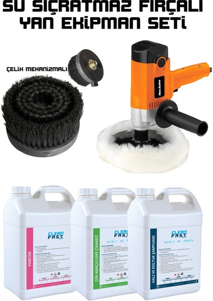 King Tek Motorlu Koltuk ve Halı Yıkama Makinesi Yan Ekipman Seti Polisaj Makinesi Çelik Mekanizmalı Su Sıçratmaz Fırça Parfüm Leke Çıkarıcı Şampuan Başlangıç Seti modelleri