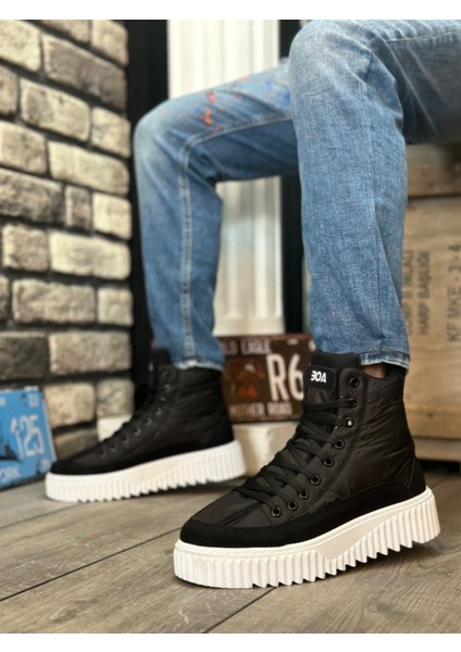 Bağcıklı Paraşüt Kumaş Siyah Detaylı Erkek Spor Bot Siyah (Beyaz Taban) fiyatları