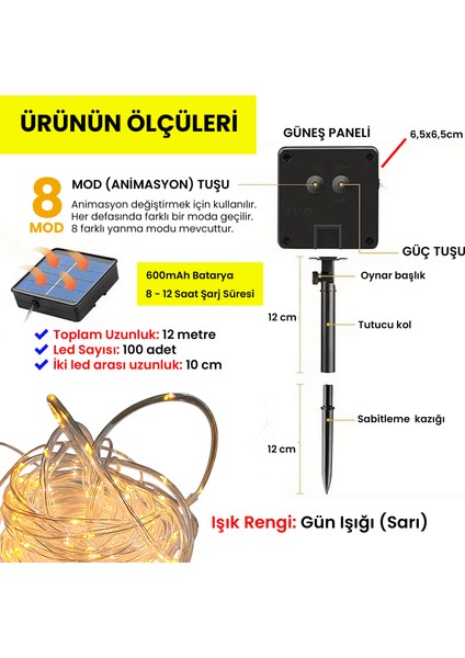 Güneş Enerjili Silikon Borulu 12M Dekoratif 100 LED Lamba – Se Geçirmez Dış Mekan LED Aydınlatma