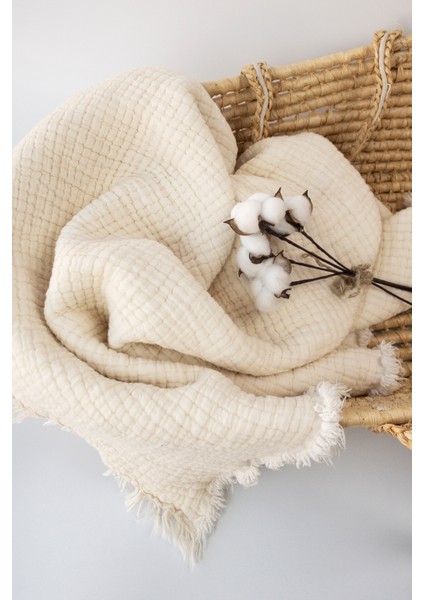 7 Katlı Elyaf Dolgulu %100 Pamuk Kalın Müslin Bebek Battaniyesi - Ekru Renk 120X120 cm