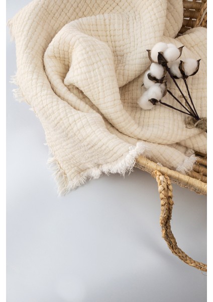 7 Katlı Elyaf Dolgulu %100 Pamuk Kalın Müslin Bebek Battaniyesi - Ekru Renk 120X120 cm