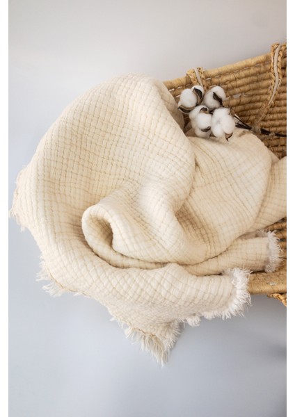 7 Katlı Elyaf Dolgulu %100 Pamuk Kalın Müslin Bebek Battaniyesi - Ekru Renk 120X120 cm