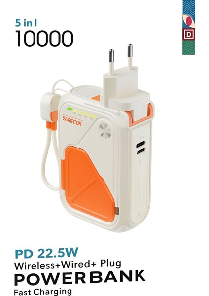 5'in 1 Pd 22.5W Hızlı Şarj Powerbank - 10000 mAh, Kablolu ve Kablosuz Standlı Çoklu Fişli Şarj Cihazı