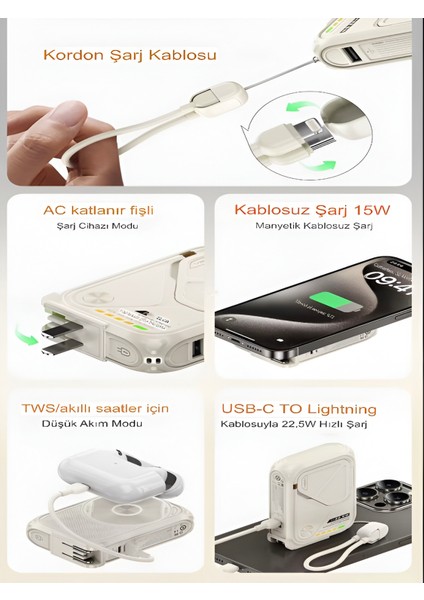 5'in 1 Pd 22.5W Hızlı Şarj Powerbank - 10000 mAh, Kablolu ve Kablosuz Standlı Çoklu Fişli Şarj Cihazı fiyatları