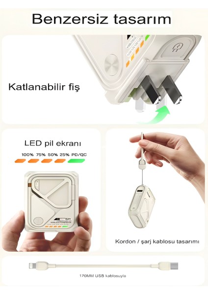 5'in 1 Pd 22.5W Hızlı Şarj Powerbank - 10000 mAh, Kablolu ve Kablosuz Standlı Çoklu Fişli Şarj Cihazı modelleri