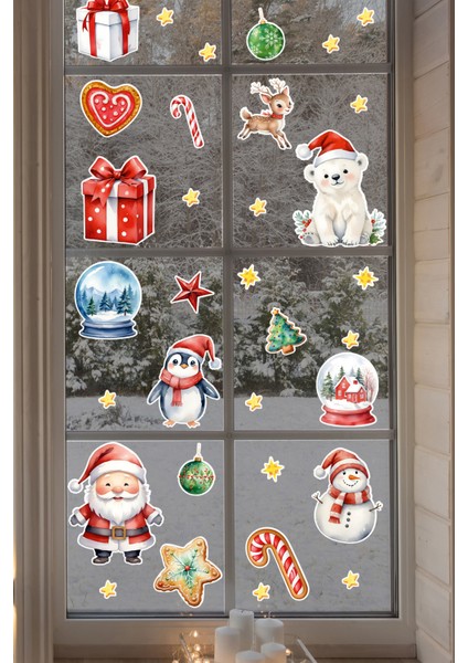 Sevimli Noel Baba, Penguen ve Ayıcık Cam Sticker Seti – Yılbaşı Pencere Süsleri Çıkartmaları