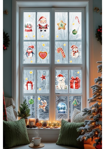 Sevimli Noel Baba, Penguen ve Ayıcık Cam Sticker Seti – Yılbaşı Pencere Süsleri Çıkartmaları fırsatları