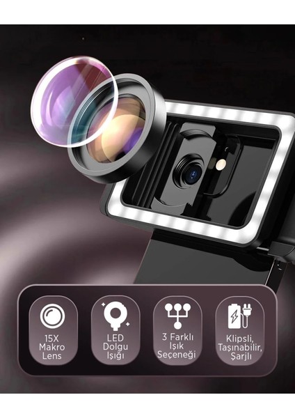 Ld-30 4K Hd 15X Makro Lens & LED Dolgu Işığı – Telefon Kamera Aksesuarı | Profesyonel Detay Çekim