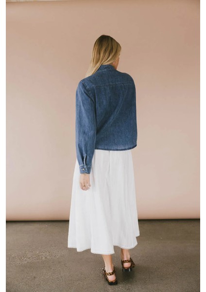 Yaka Bağlamalı Denim Gömlek - Klasik Kesim Kot Gömlek. fırsatları