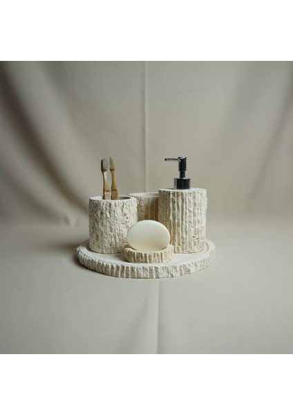 Traverten Mermer Banyo Seti 5’li – El Yapımı Doğal Taş Banyo Aksesuar ve Dekorasyon Seti