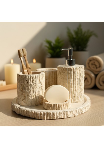 Traverten Mermer Banyo Seti 5’li – El Yapımı Doğal Taş Banyo Aksesuar ve Dekorasyon Seti fiyatları