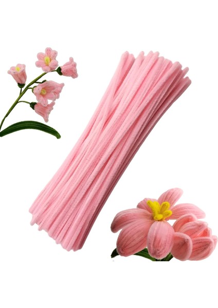 25 Adet Açık Soft Pembe Şönil , Çiçek Yapımına Uygun Tüylü Tel, 30 cm 6 mm
