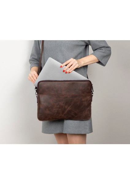 Hardy Deri Laptop / Tablet Çantası-Koyu Kahverengi