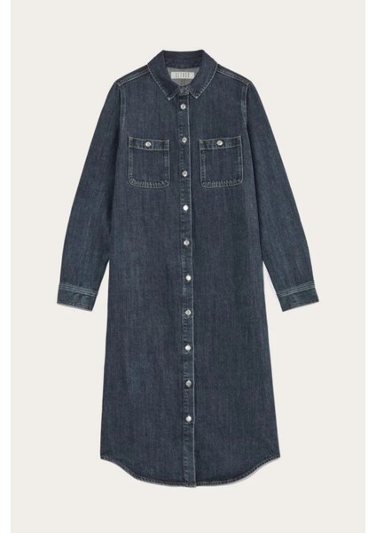 Koyu Indigo Metal Düğmeli Midi Denim Gömlek Elbise - Modern Kesim Koyu Yıkama Kot Gömlek Elbise. fiyatları