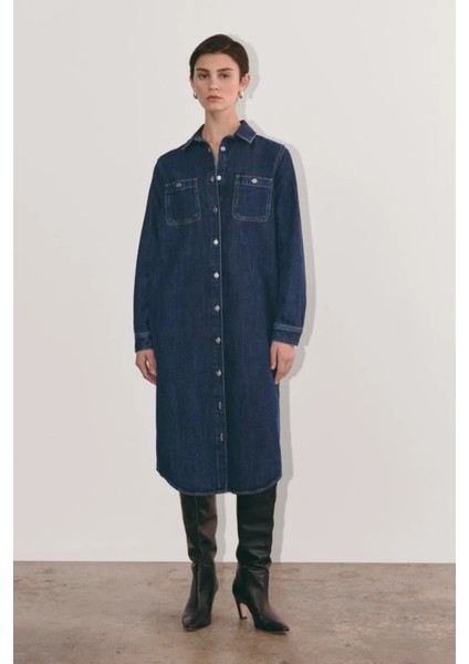 Koyu Indigo Metal Düğmeli Midi Denim Gömlek Elbise - Modern Kesim Koyu Yıkama Kot Gömlek Elbise. indirimleri