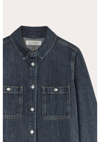 Koyu Indigo Metal Düğmeli Midi Denim Gömlek Elbise - Modern Kesim Koyu Yıkama Kot Gömlek Elbise.