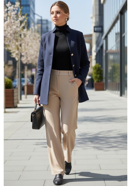 Tasarım Yaka Kısa Boy Kaşe Lacivert Kaban modelleri