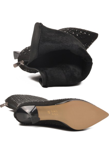 Siyah Taş Işlemeli Içi Kürklü Kadın Topuklu Çizme indirimleri