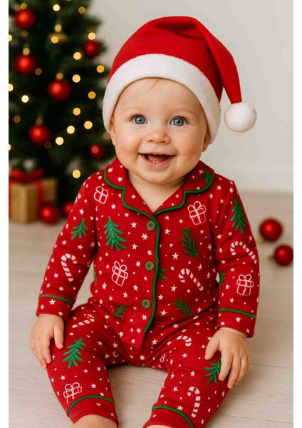 %100 Pamuk Yeni Yıl Konsepti Uzun Kollu Düğmeli Mevsimlik Kız Erkek Unisex Bebek Çocuk Pijaması