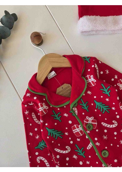 %100 Pamuk Yeni Yıl Konsepti Uzun Kollu Düğmeli Mevsimlik Kız Erkek Unisex Bebek Çocuk Pijaması modelleri