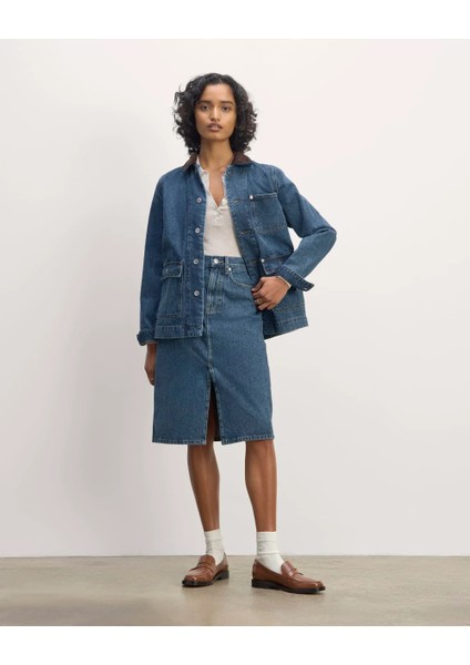 Yırtmaç Detaylı Yüksek Bel Midi Denim Etek - Klasik Mavi Midi Kot Etek.