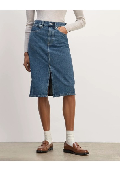 Yırtmaç Detaylı Yüksek Bel Midi Denim Etek - Klasik Mavi Midi Kot Etek. fiyatları