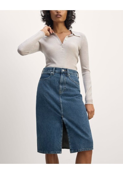 Yırtmaç Detaylı Yüksek Bel Midi Denim Etek - Klasik Mavi Midi Kot Etek. indirimleri