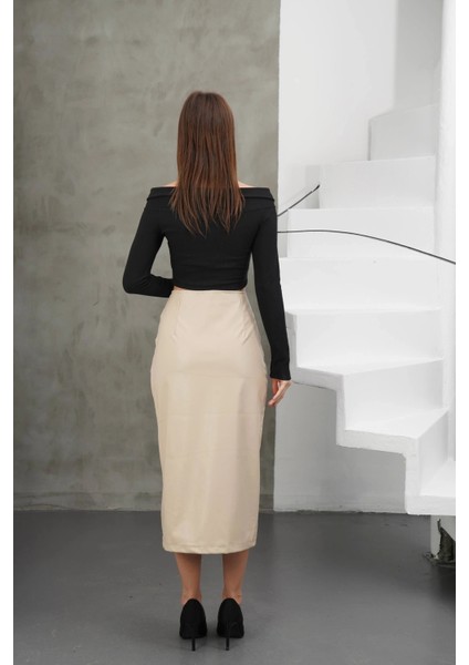 Yırtmaçlı Uzun Deri Etek Bej fırsatları