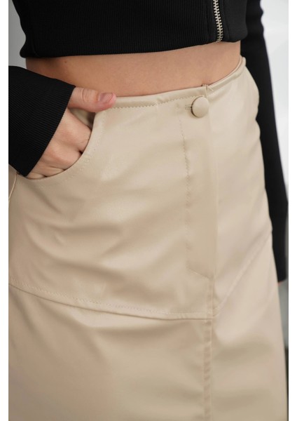 Yırtmaçlı Uzun Deri Etek Bej indirimleri